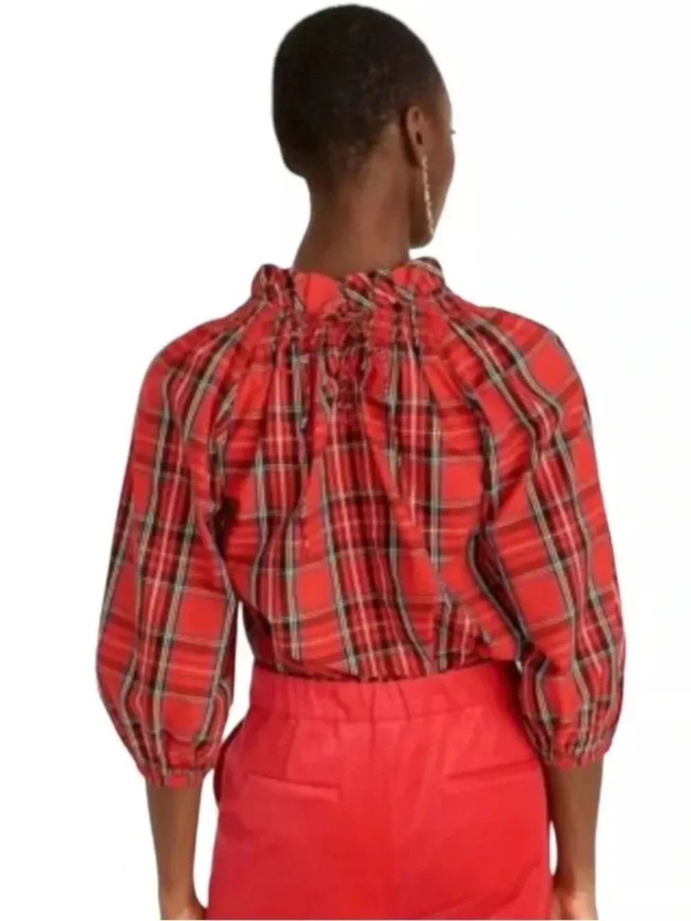 J. Crew Smocked-neck top in Good Tidings Plaid Small #A2853